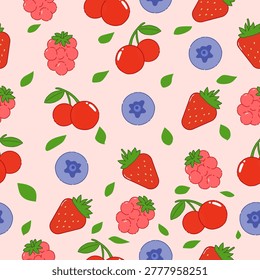 Berry mix seamless pattern, combination of strawberries, blueberries, raspberries, suitable for background or wrapping