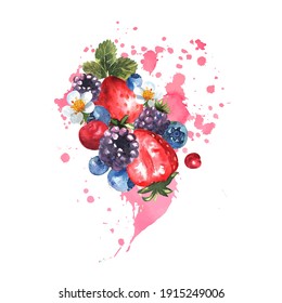 Berry mix with splashes of watercolor. Juicy strawberries, blueberries, cherries and blackberries with leaves. Vector