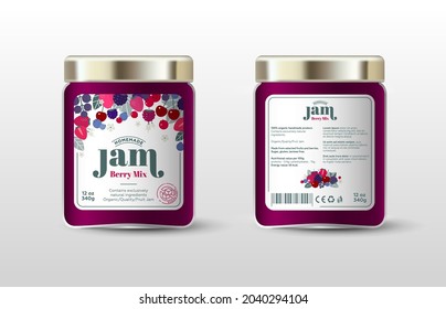 Berry mix, wild berries jam. Label for jar and packaging. Berries, leaves and flowers, text, stamp(sugar free).