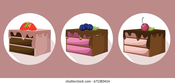 Berry mousse chocolate delicious cakes. Sweet dessert blackberry flavors Vector illustration