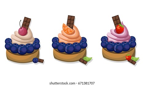 Berry mousse delicious cakes set. Sweet dessert blackberry flavors Vector illustration