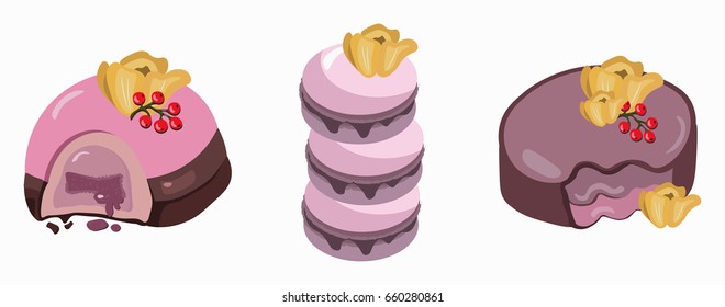 Berry mousse, macarons and delicious cake, Sweet dessert lavender flavors Vector illustration