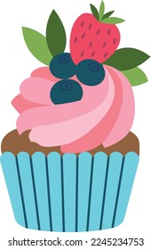 Berry muffin icon. Cartoon pink cream cupcake