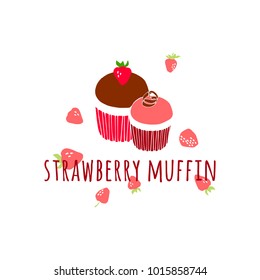 Berry muffin. Strawberry cupcake. Vector illustration of cafe menu, bakery. Hand drawn sweet dessert.