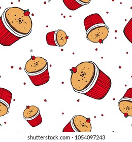 Berry muffin. Strawberry cupcake. Vector illustration of cafe menu, bakery. Hand drawn sweet dessert. Vector seamless pattern on white.