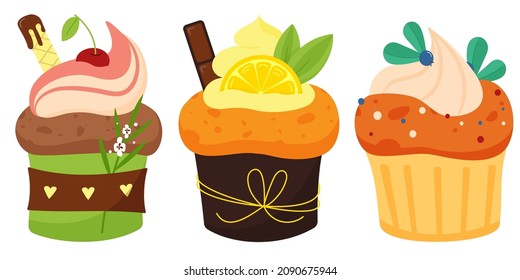Berry muffins on white background. Chocolate cupcakes with lemon, cherry and blueberry. Flower and hearts for Valentine's Day. Hand-drawn vector image. 