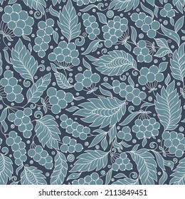 Berry outline seamless pattern with berries, branches and leaves. Hand drawn  print for design of textiles, natural cosmetics and products.