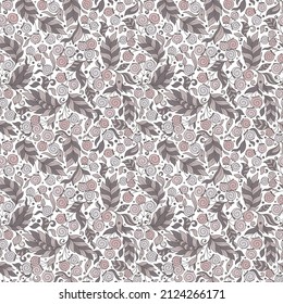 Berry outline seamless pattern with berries, branches and leaves. Hand drawn  print for design of textiles, natural cosmetics and products.