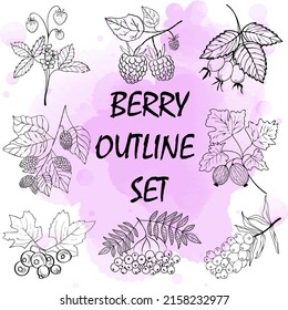 Juego de contorno de cerezo, colección de bayas dibujadas a mano, ilustración de una línea de berry. Fresa, frambuesa, gooseberry, rowan, arándanos, mora, morera, morera, vectores aislados de cadera de rosa