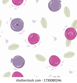 Berry pattern with blueberries and cranberries on an isolated background. Concept textiles, interior. Background for web site. Eco berry. Print for clothing and items, backpacks. Delicate purple tone.