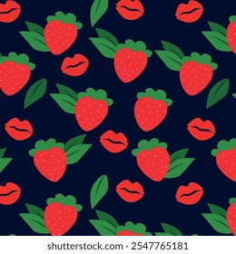 Berry pattern of juicy and sweet berries. Ripe strawberries and lips.