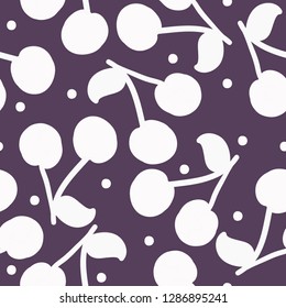 Berry pattern. Lilac background, white cherries. Good for banner, textiles, postcards. Simple seamless pattern.