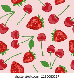 Berry pattern. Seamless strawberry and cherry background with red berries. Textile, fabric print