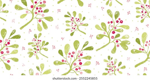 Berry pattern. Seamless vector branch background. Christmas mistletoe holly berry winter bg. Holiday vintage print. Red floral pattern. Tree leaf flower branch watercolor design. Crayon Xmas mistletoe