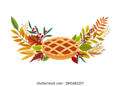 Berry Pie and Autumn Foliage with Rowan Berry and Spikelets Semicircular Vector Composition