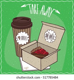 Berry pie in carton box and coffee in paper cup, lie on napkin. Take away kit for breakfast concept. Green background. Handmade cartoon style. Vector illustration