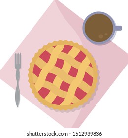 Berry pie. Concept with pie, fork and mug. Flat style. The concept of Breakfast cake.