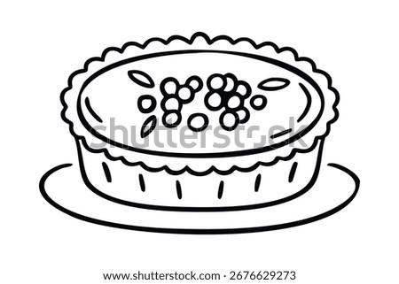 Berry pie on plate line art outline, monochrome hand drawn. Vector illustration.