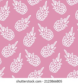 Berry pink pattern. Raspberry sweet print for packaging design of fruit dessert, jam. Seamless wallpaper in white doodle style with summer farm harvest. Cute flat vector for kids kitchen illustration.