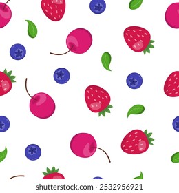 Berry print with strawberry, blueberry, cherry. Seamless pattern with summer berries