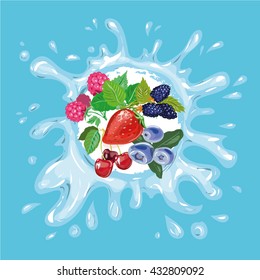 Berry product vector illustration, water splash with berries collection