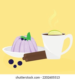 Berry pudding with blueberries and mint and black tea with a slice of lime with cinnamon. Dessert Sweet breakfast. Vector illustration in a flat style