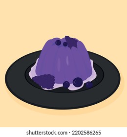 Berry pudding with vanilla cream and blueberries with blackberries on top in a plate Vector illustration in a flat style