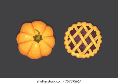 berry and pumpkin pie vector icon isolated. Thanksgiving Day illustration