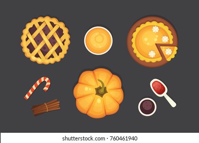 berry and pumpkin pie vector icon isolated. Thanksgiving Day illustration