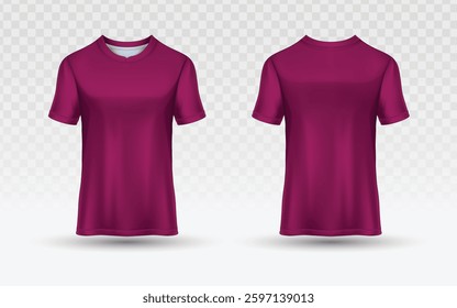 Berry Purple T-Shirt Mockup Vector: Front and Back Views, Light Checkered Background, Realistic Fabric Texture, Short Sleeves, Round Neckline, Apparel Design Template, Transparent Element, Minimalist 