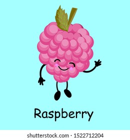 Berry raspberry character. Card for the study of fruits and berries for children.