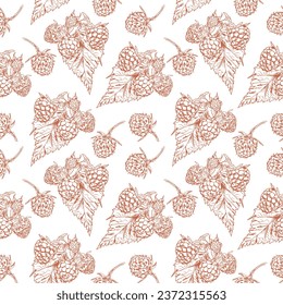 Berry and raspberry sprig. Vector seamless raspberry pattern in graphic style. Design element for wrapping paper, textiles, covers.
