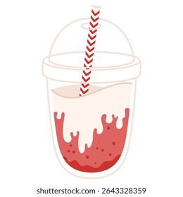 Berry red soda with creamy whipped topping, dome lid and striped straw in plastic cup. Cute and refreshing drink. Stock vector illustration in cartoon flat style. Isolated on white.
