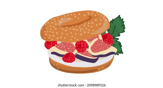 Berry sandwich or  bagel sandwich with cream cheese, figs, raspberries and mint isolated on white background. For web design, icons, packaging, menu or interior design.