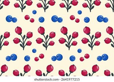Berry Seamless pattern. Berries background. Bunch of red currants and blueberry. Whole Ripe fruits on white background. Repeatable texture with fresh juicy vitamin. Vector illustration