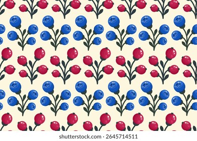 Padrão sem emenda de Berry. Fundo de bagas. Um monte de groselhas vermelhas e mirtilo. Frutos inteiros maduros sobre fundo branco. Textura repetível com vitamina suculenta fresca. Ilustração vetorial