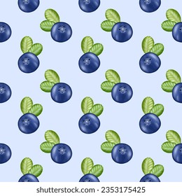 Berry seamless pattern with blueberries on a light blue background. Pattern for textiles, wrapping paper, wallpapers, covers and backgrounds.