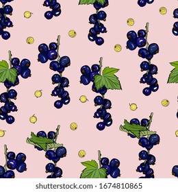 Berry seamless pattern with bunches of ripe 
black currants. Summer fruit background, detailed hand drawing, sketch. Background for menus, invitations, wrapping, fabric, baby clothes
