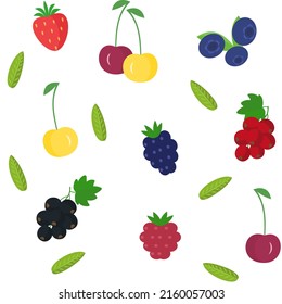 Berry seamless pattern. Cherry, raspberry, cherries, currant, strawberry, blackberry, blueberry. Vector illustration 