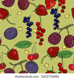  berry seamless pattern drawing. Hand drawn vintage vector background. Summer fruit set of strawberry,cherry, plum, cranberry, currant, cherry, srawberry, blueberry. Food for menu, label, banner,  jam