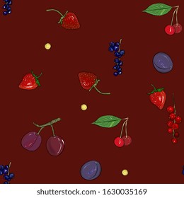  berry seamless pattern drawing. Hand drawn vintage vector background. Summer fruit set of strawberry,cherry, plum, cranberry, currant, cherry, srawberry, blueberry. Food for menu, label,  tea or jam