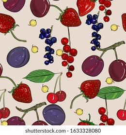  berry seamless pattern drawing. Hand drawn vintage vector background. Summer fruit set of strawberry,cherry, plum, cranberry, currant, cherry, srawberry, blueberry. Food for menu, label, tea or jam