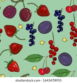  berry seamless pattern drawing. Hand drawn vintage vector background. Summer fruit set of strawberry,cherry, plum, cranberry, currant, cherry, srawberry, blueberry. Food for menu, label, tea or jam