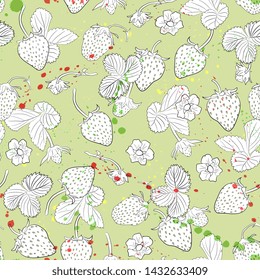 Berry seamless pattern  with leaves and  ripe strawberry. hand drawing, artline,scetch. realistic summer background. Food for menu, label, banner, tea or jam packaging