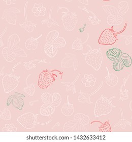 Berry seamless pattern  with leaves and  ripe strawberry. hand drawing, artline,scetch. realistic summer background. Food for menu, label, banner, tea or jam packaging