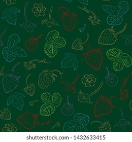 Berry seamless pattern  with leaves and  ripe strawberry. hand drawing, artline,scetch. realistic summer background. Food for menu, label, banner, tea or jam packaging