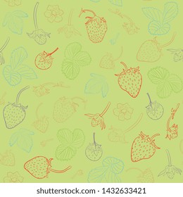 Berry seamless pattern  with leaves and  ripe strawberry. hand drawing, artline,scetch. realistic summer background. Food for menu, label, banner, tea or jam packaging
