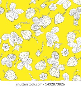 Berry seamless pattern  with leaves and  ripe strawberry. hand drawing, artline. realistic summer background. Food for menu, label, banner, tea or jam packaging