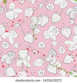 Berry seamless pattern  with leaves and  ripe strawberry. hand drawing, artline. realistic summer background. Food for menu, label, banner, tea or jam packaging