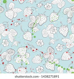 Berry seamless pattern  with leaves and  ripe strawberry. hand drawing, artline. realistic summer background. Food for menu, label, banner, tea or jam packaging